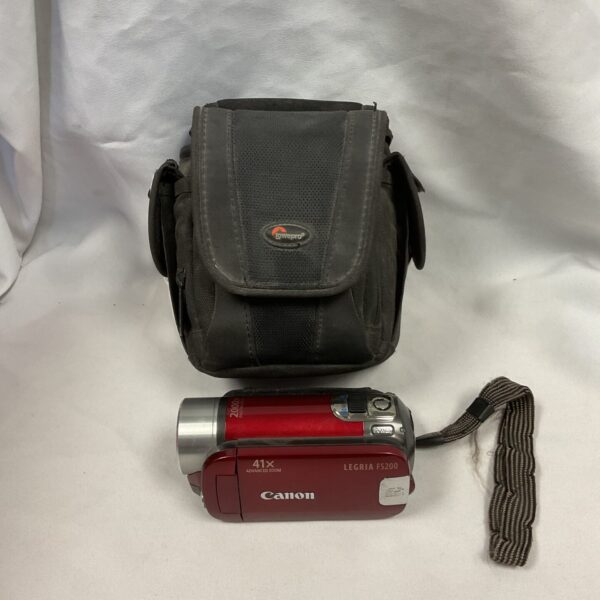 Canon Legria FS200 digital camcorder in black carrying case.
