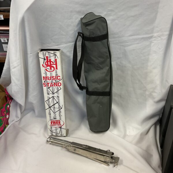 Pair of metal music stands, adjustable and folding for portability.