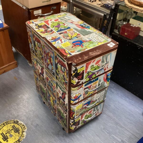 Vintage marvel comic cabinet with colourful decoupaged comic book pages.