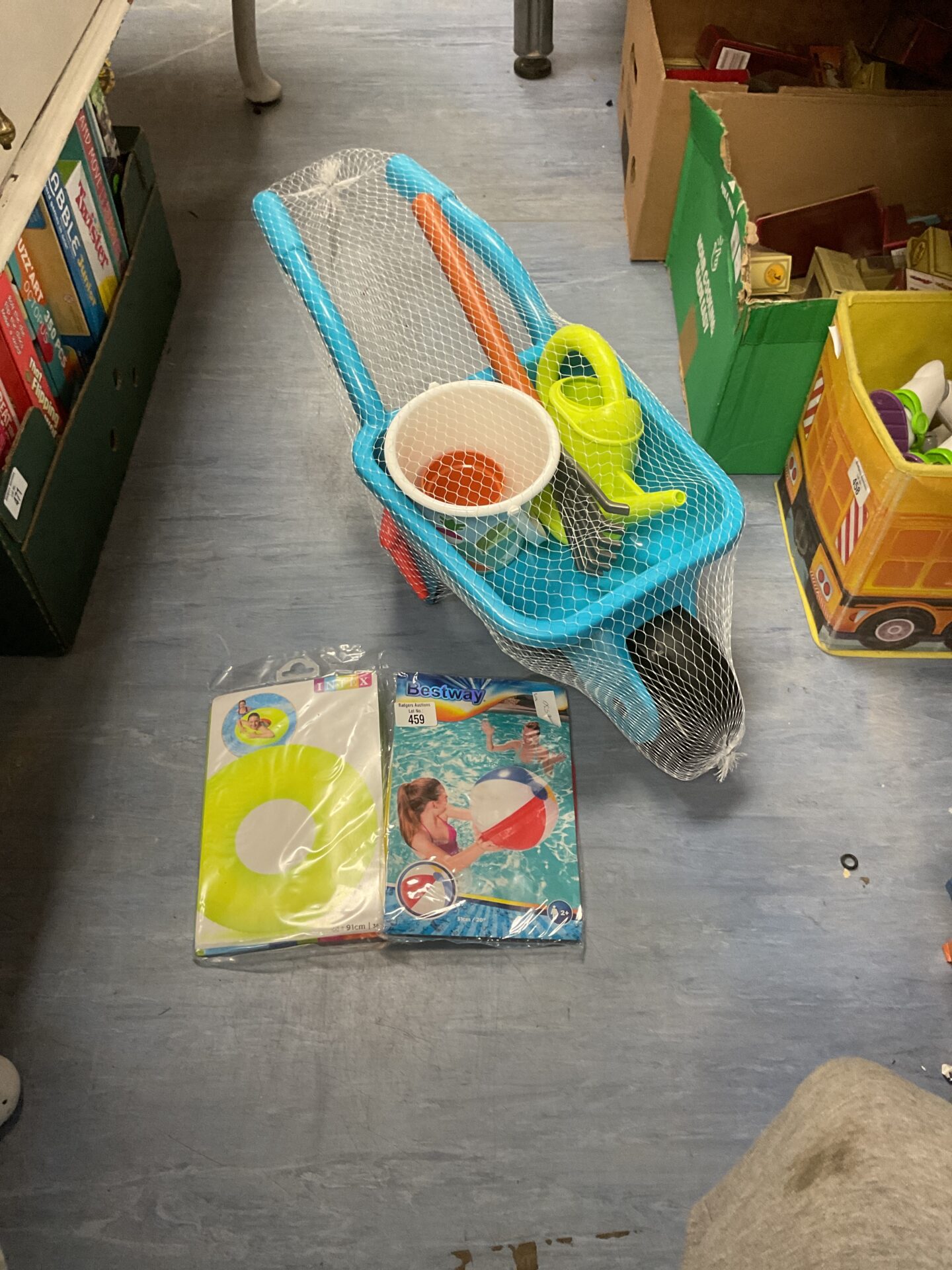 459 Childrens Plastic Wheelbarrow And Tools And Pool Items