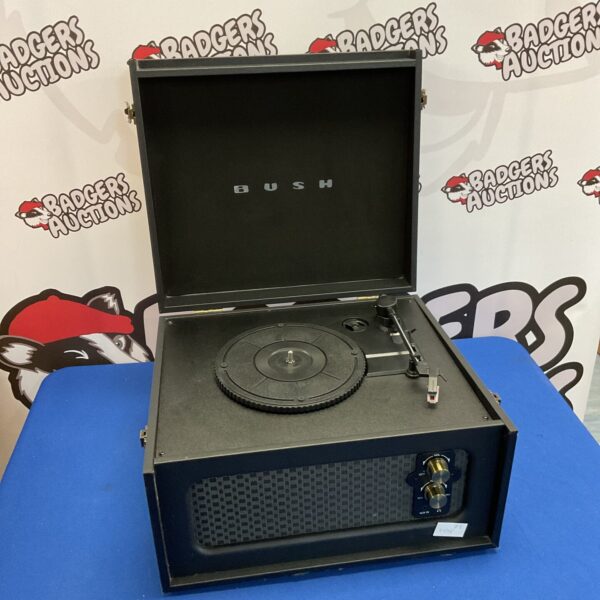 Vintage Bush record player in retro style, side view.