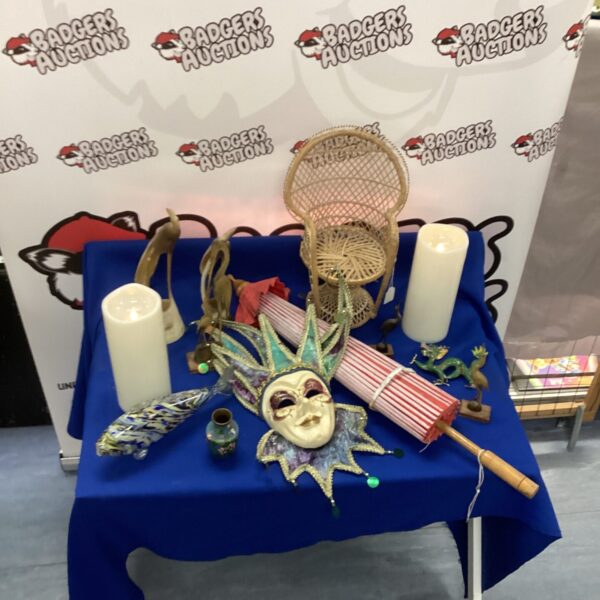 Colourful mixed lot including a feathered face mask and accessories.