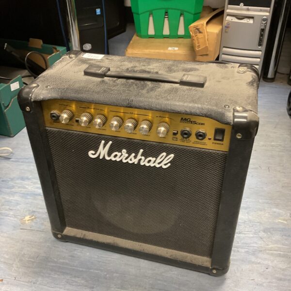 Marshall MG15CDR guitar amplifier, front view, solid state amp.