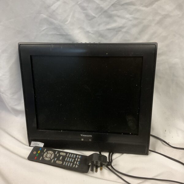 Front view of a Mikomi 15 inch LCD television with remote.