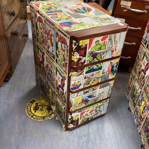 Vintage Marvel comic drawers with colourful comic book covering.