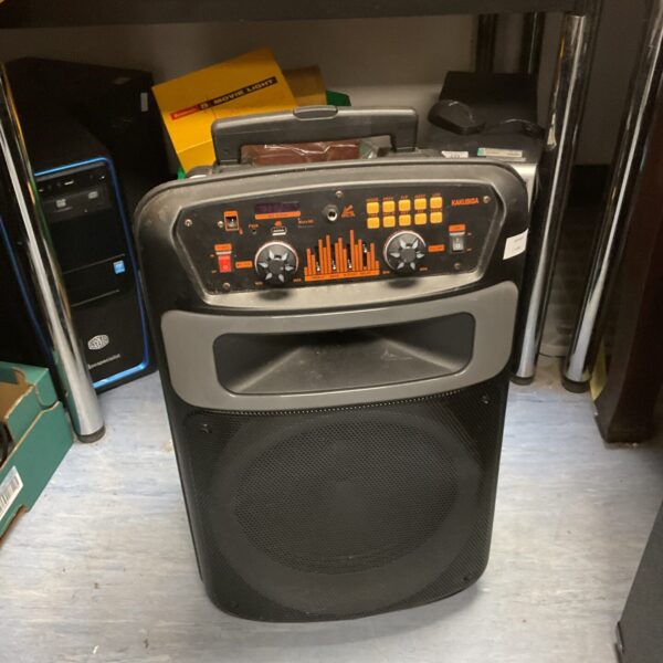 Front view of a vintage Kakusiga portable speaker system.