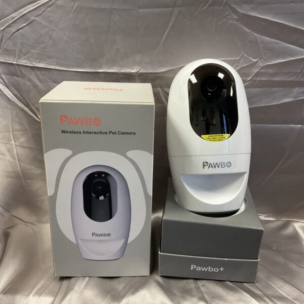 Front view of a white Pawbo wireless interactive pet camera.