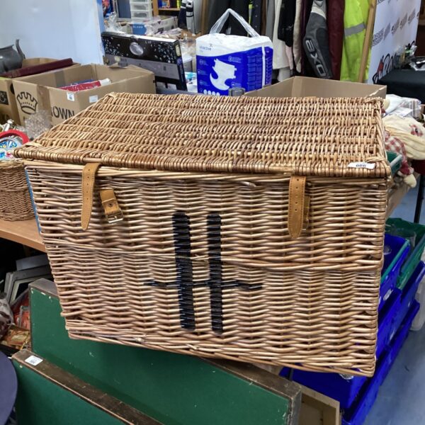 Large vintage wicker basket in a Harrods style, ideal for storage.