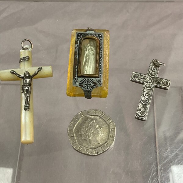 Vintage mother of pearl crucifix pendant, religious jewelry.