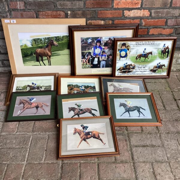 Lot of ten framed racing horse pictures, vintage equestrian art.