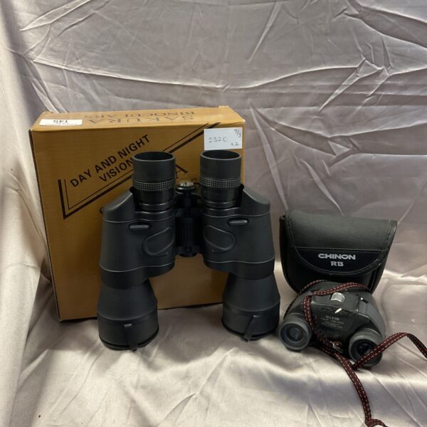 Vintage Sakura 20x50 and Chinon RB binoculars in a box.