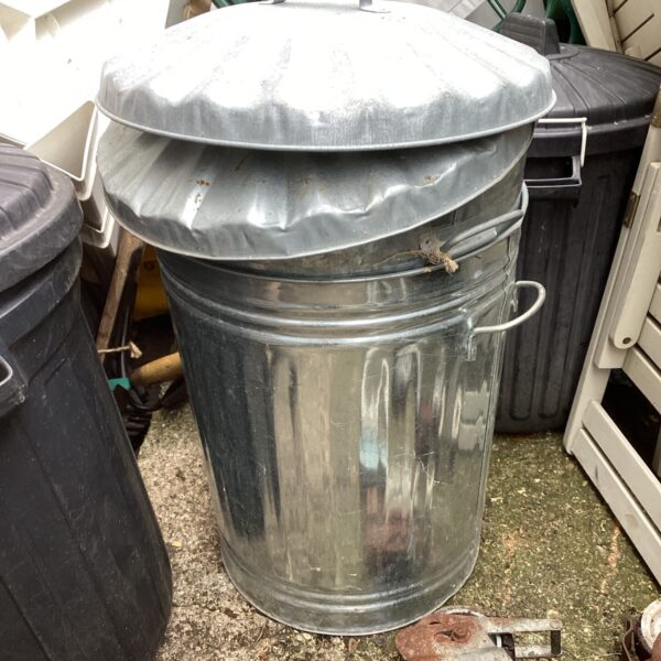 Vintage galvanised dust bin with lid in a garden setting.
