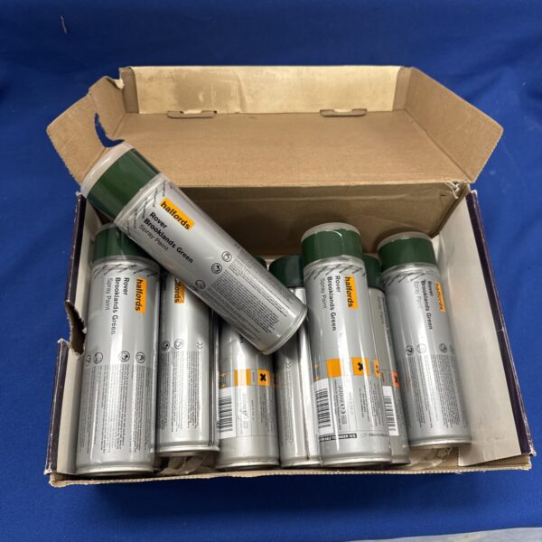 Sealed cans of Halfords Rover Brooklands Green spray paint for automotive projects.