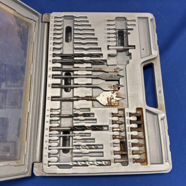 Bosch drill bit set in a plastic case, showing various drill bits.