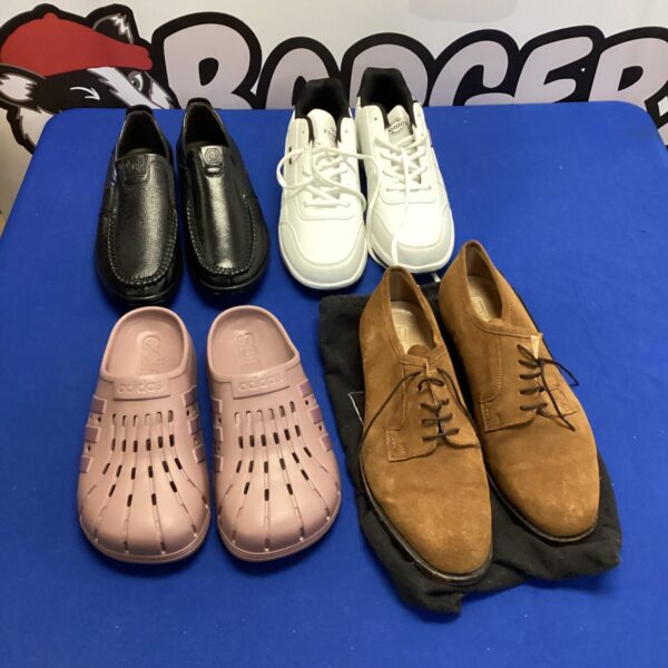 Mixed footwear lot including Adidas Crocs and Samuel Windsor shoes.