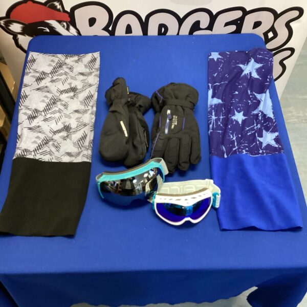 Ski ware bundle including gloves, goggles and snoods for winter sports.
