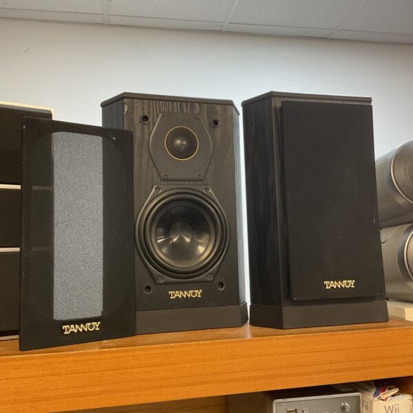 Pair of vintage Tannoy bookshelf speakers in wood veneer.