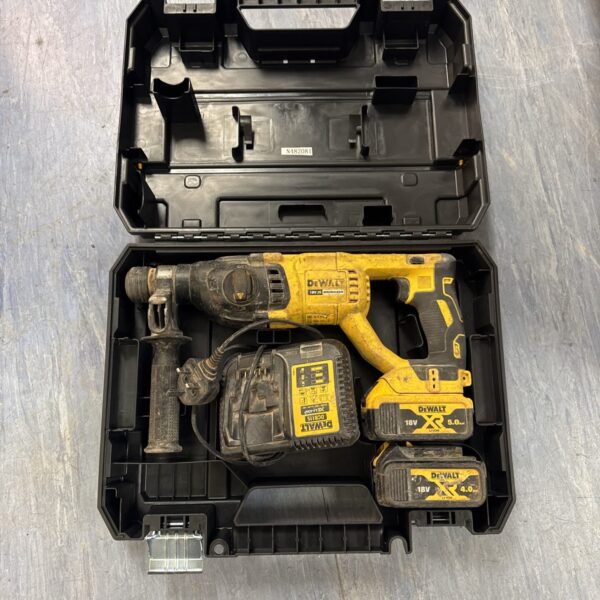 Dewalt XR cordless drill in open case, showing battery and charger.