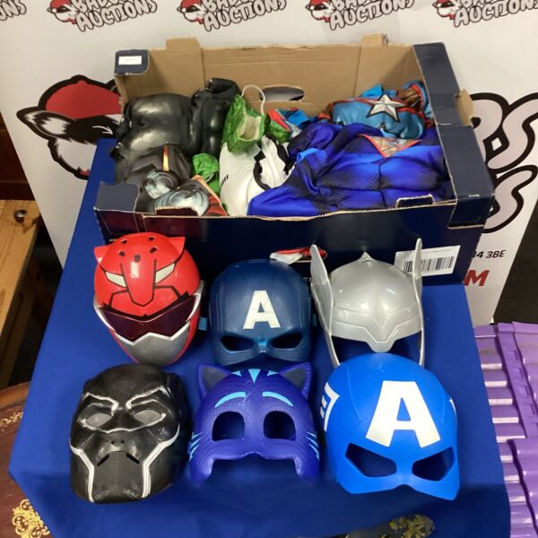 Mixed lot of boys' dress-up costumes including superhero themes.