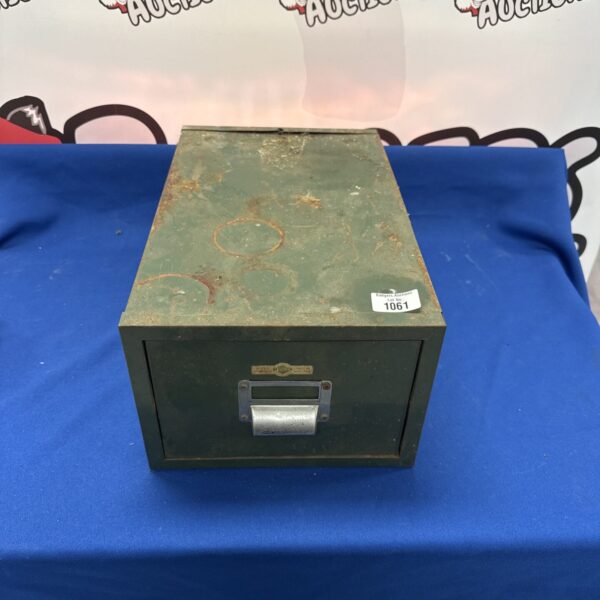Vintage Criterion metal filing cabinet with single drawer.