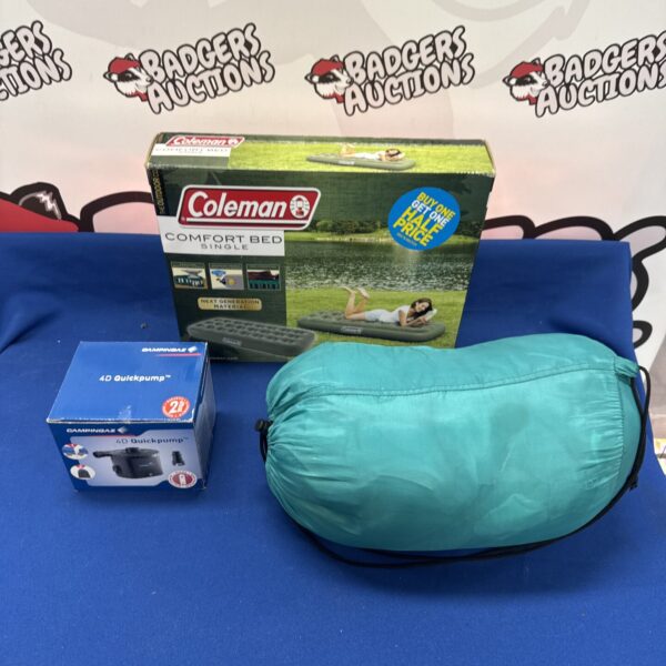 Coleman comfort bed single set with pump and sleeping bag.