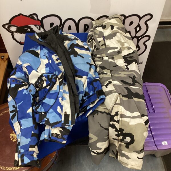 Blue and black Rayven and Searbok motorcycle trousers and jacket set.