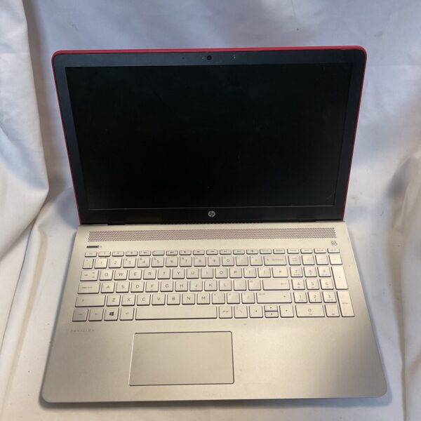 Red HP Pavilion laptop offered for parts or collection, untested condition.