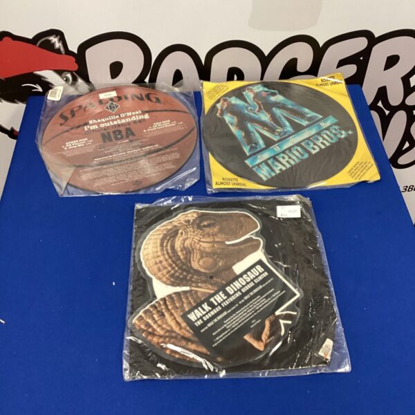 Vinyl record collection featuring Super Mario and Shaquille O’Neal.