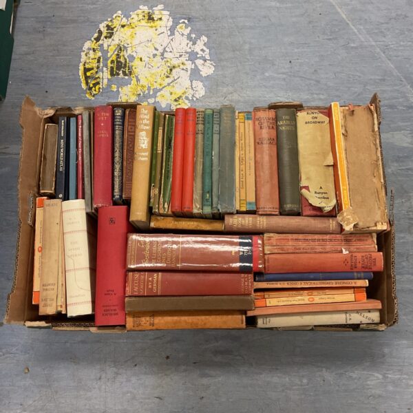 Tray of vintage and antique books, including Winnie the Pooh.