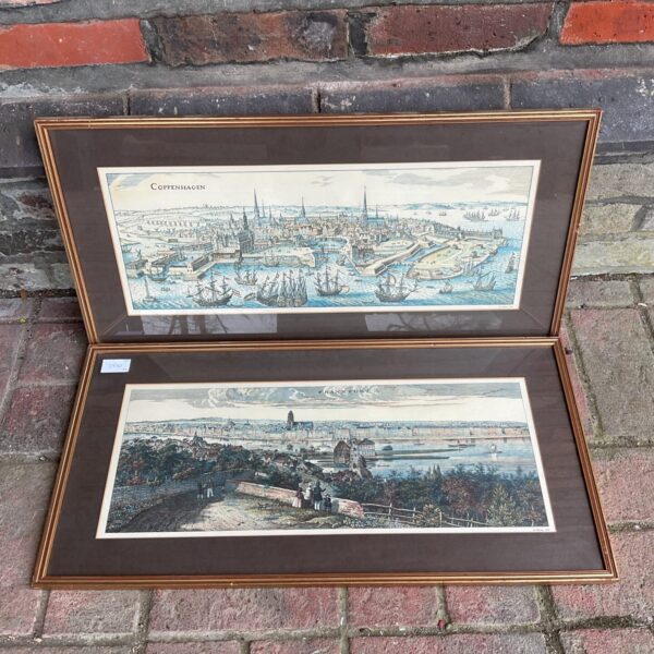 Antique pair of framed Frankfurt and Copenhagen city skyline prints.