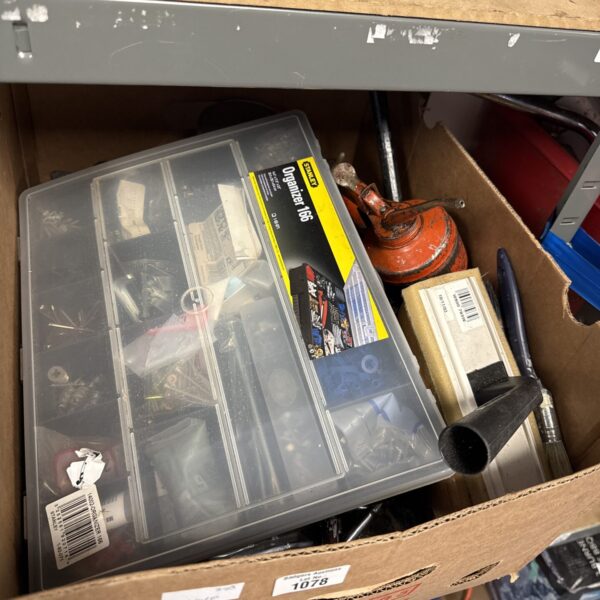 Shed clearance lot with a Stanley organiser full of hardware.