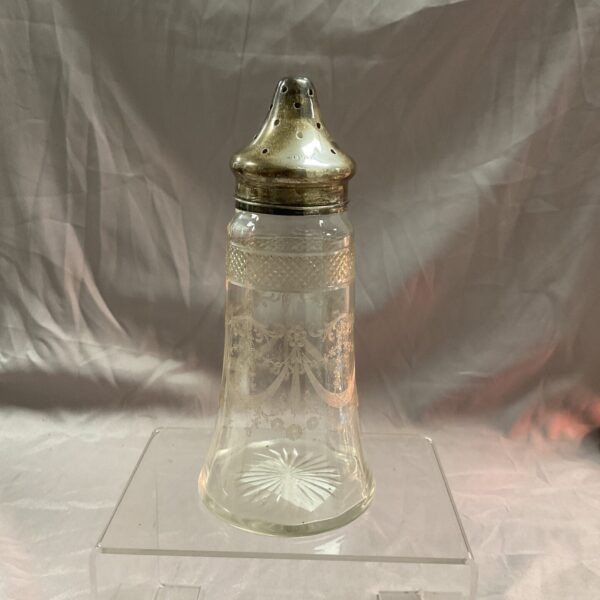 Antique Chester silver top sugar sifter with cut glass body.