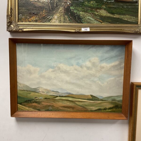 Signed 1953 watercolour painting of rolling hills landscape.