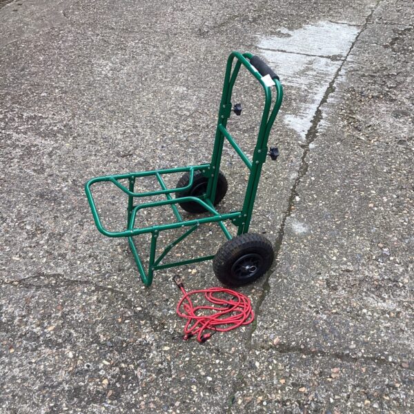 Used garden folding trolley with mesh base and wheels.