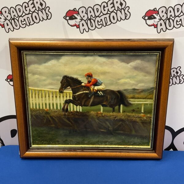 Signed oil painting of a racehorse by Jonio O’Neill, titled Arenna Ross Oglanby.