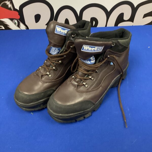 Workit size 8 work boots, showing signs of wear.