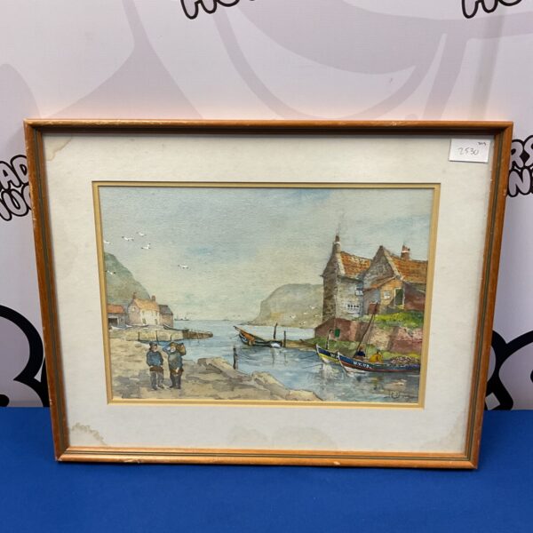 Signed H Dove watercolour painting of a harbour with fishing boats.