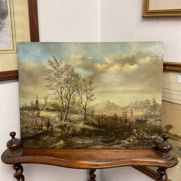 Signed oil painting of a winter settlers scene with figures and snow.
