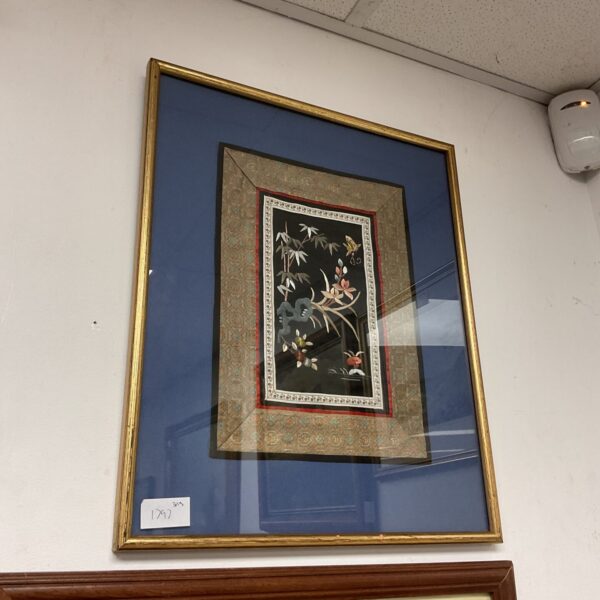 Vintage oriental silk embroidery panel with birds and blossoms.