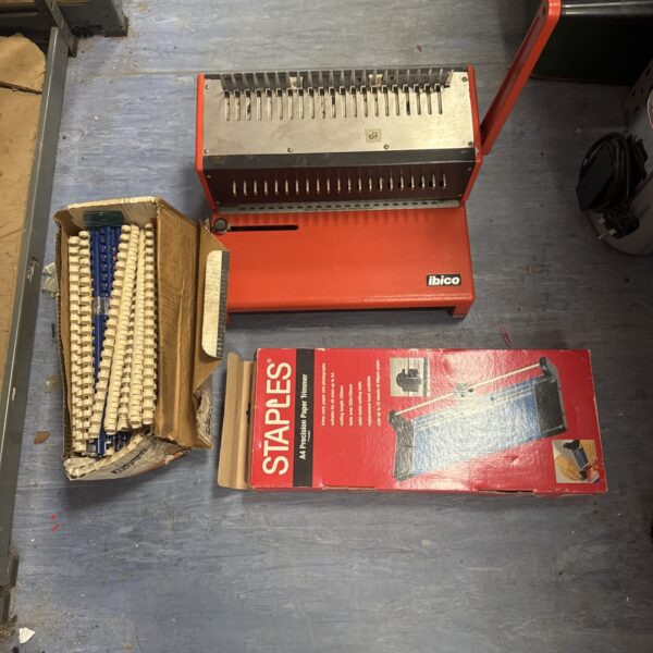 Vintage Ibico binding machine and paper guillotine for bookbinding.