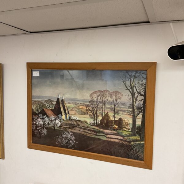 Vintage Rowland Hilder print of a traditional hop farm scene.