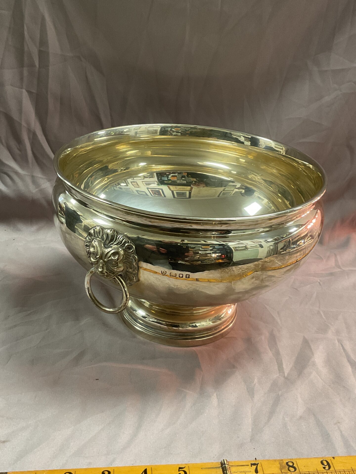 969 Large 9” Dia Hallmarked Silver Circular Bowl With Lion Mask Ring Handles on Stepped Circular Foot, London 1933 By Edward Barnard& Sons Ltd 1010g