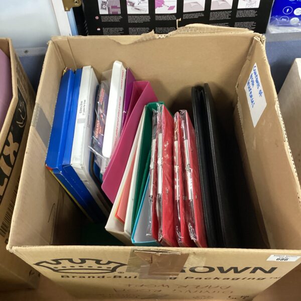 Assorted stationery bundle with clipboards and colourful ring binders.