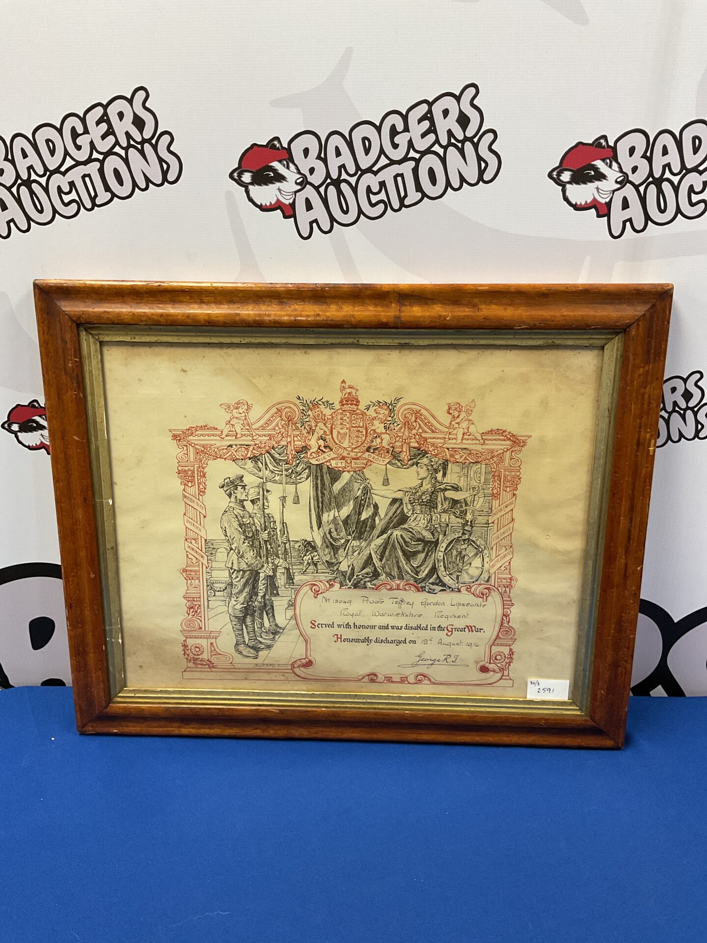 809 Framed world war one honourable discharge framed certificate