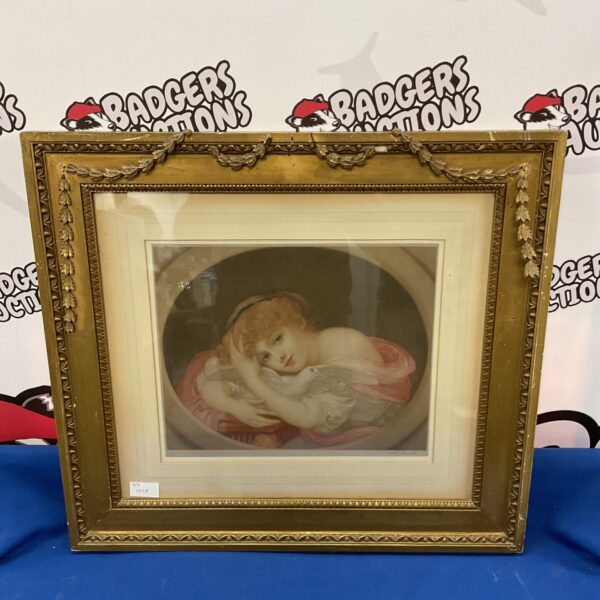 Vintage M Cormack print of a young lady in a decorative frame.
