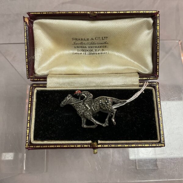 Vintage silver marcasite horse brooch from the 1920s.