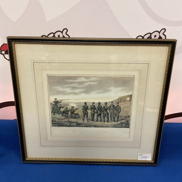 Antique woodblock print depicting WW1 soldiers in rifle practice.
