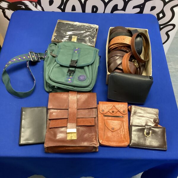 Vintage bag and belt lot with green canvas shoulder bag.