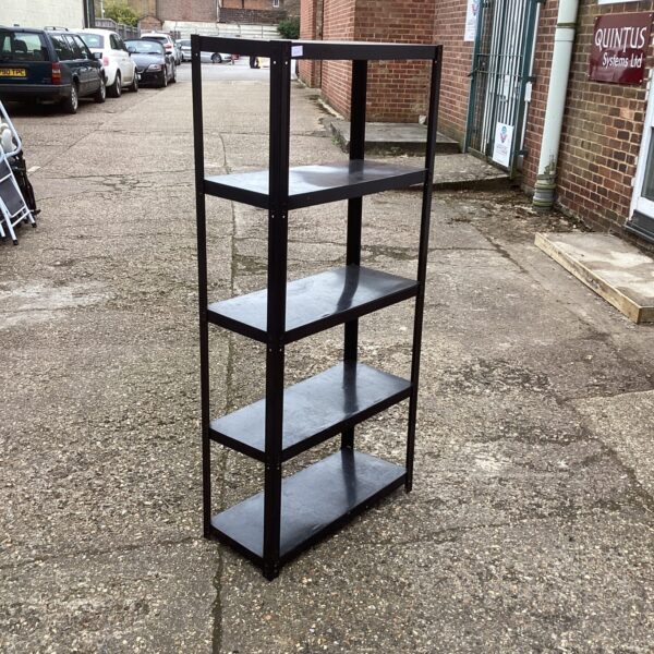 Black metal shelving unit for storage and display.