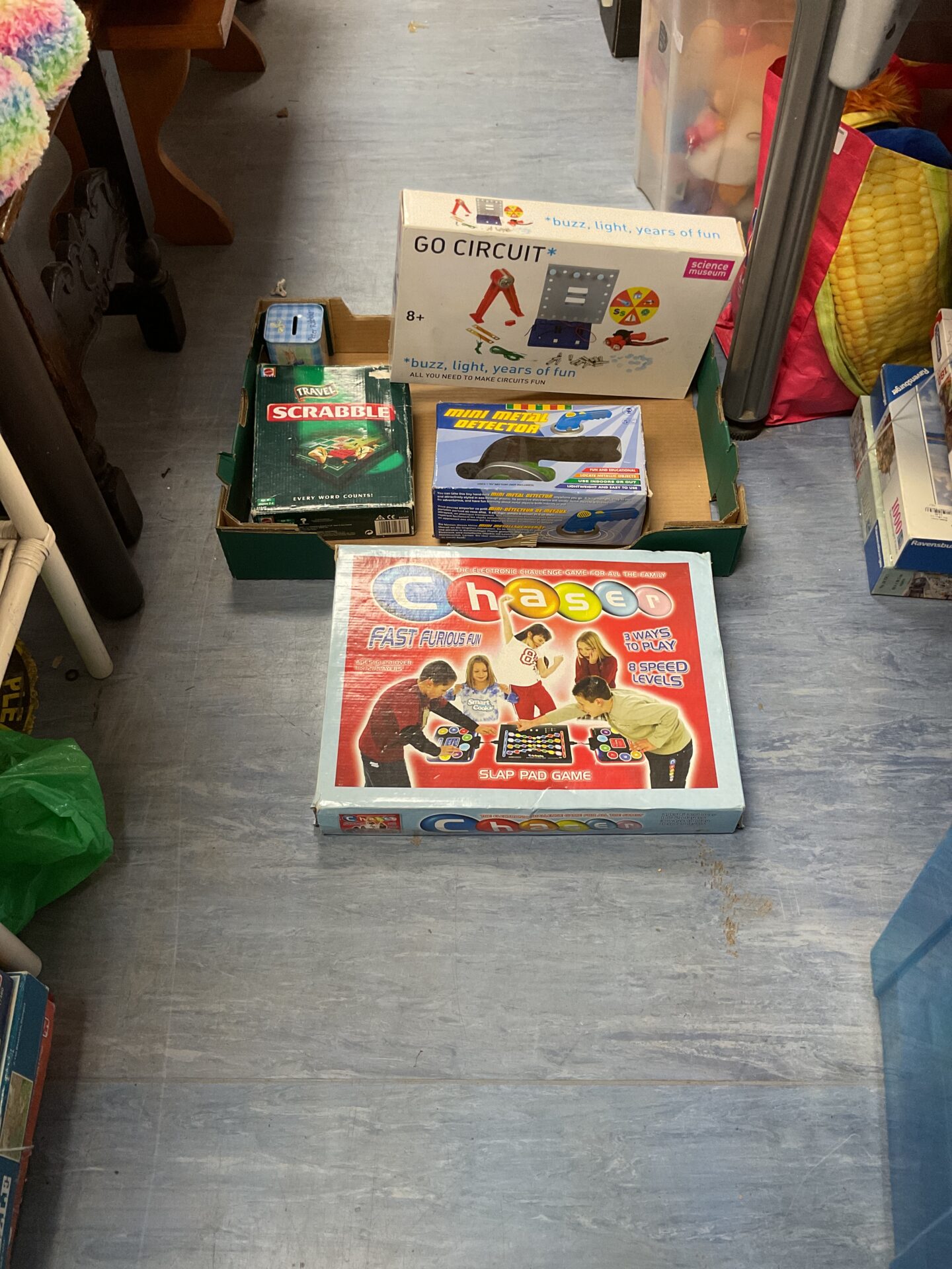 459 Box of mixed toys and games inc chaser, scrabble and go circuit set